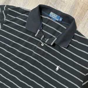 Vintage Polo Ralph Lauren Black Whiet Stripe Short‎ Sleeve Polo Shirt Mens XL